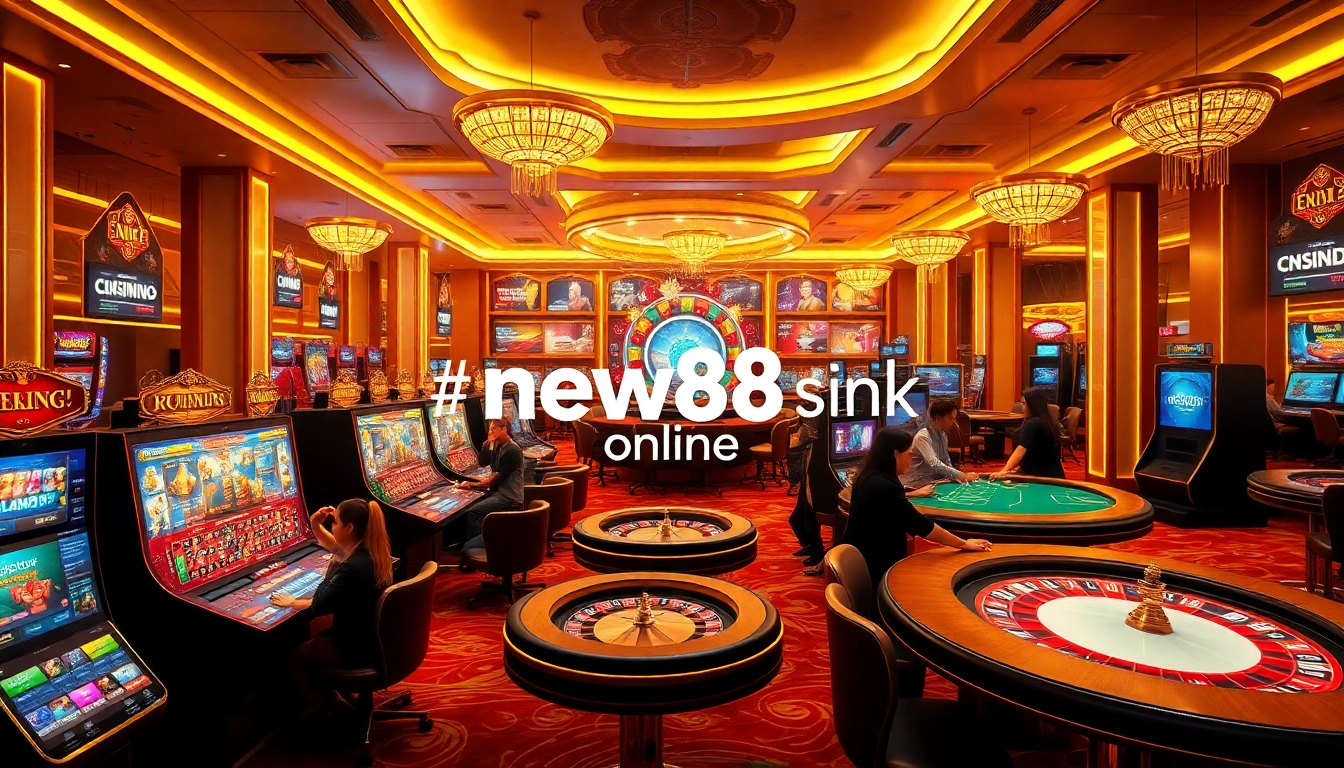 Experience new88 online excitement with engaging players at a luxurious casino filled with vibrant slot machines and roulette wheels.