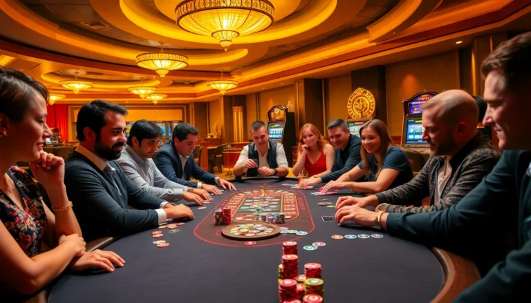 Experience the vibrant excitement of gambling at an okfun casino poker table with players engaged in a thrilling game.