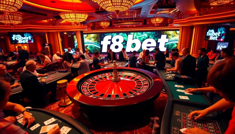Exciting scene of players engaging in games with f8 bet branding at a glamorous casino.