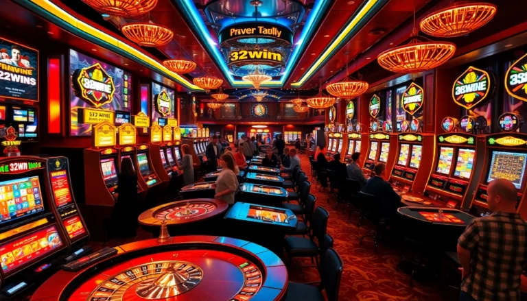 Experience the thrill of 32win 11 at a lively casino, showcasing games and vibrant action with stunning poker tables.